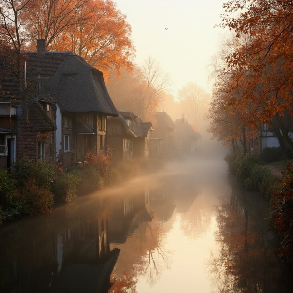 A serene autumn morning in Giethoorn, Netherlands, featuring traditional thatched-roof cottages reflecting in calm canal waters, surrounded by vibrant red, orange, and gold foliage, with ethereal mist and soft golden sunrise light.