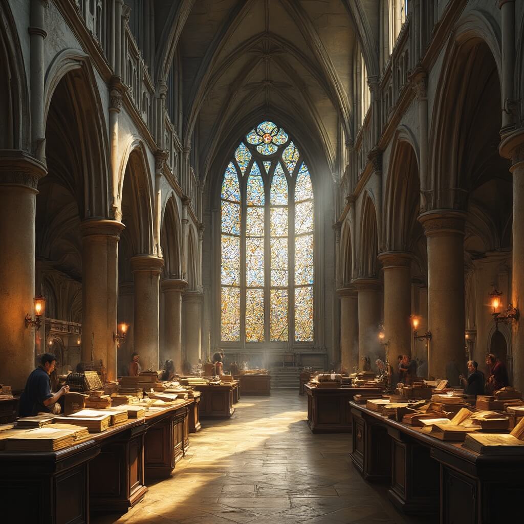 Interior of Lebuinus Church featuring Gothic architecture with stone columns and vaulted ceilings, stained glass windows casting light on wooden book display tables, antique manuscripts, and craftsmen engaged in traditional bookbinding, all in warm atmospheric lighting.