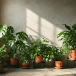 Cinematisch beeld van een Scandinavisch loftinterieur met een hoek vol weelderige groene planten zoals Monstera deliciosa en Pilea peperomioides, op industriële zwarte metalen plantenstands en in terracotta en keramische potten, tegen een betonnen muur. Een warme kleurenschema met saliegroen en terracotta-accenten wordt benadrukt door dramatisch zijlicht en natuurlijke zonnestralen.