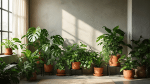 Cinematisch beeld van een Scandinavisch loftinterieur met een hoek vol weelderige groene planten zoals Monstera deliciosa en Pilea peperomioides, op industriële zwarte metalen plantenstands en in terracotta en keramische potten, tegen een betonnen muur. Een warme kleurenschema met saliegroen en terracotta-accenten wordt benadrukt door dramatisch zijlicht en natuurlijke zonnestralen.