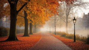 Misty autumn morning in Noorderplantsoen park, Groningen, with golden and red leaves on the ground, towering trees, a winding path, vintage lampposts, and soft light filtering through fog, evoking a cozy, romantic mood with silhouettes of Dutch architecture in the background.