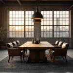 Industriële loft woonkamer met een massieve eiken eettafel als centraal punt, lederen stoelen, rauwe betonnen muren en industriële accenten, verlicht door een warme gouden uurlamp.
