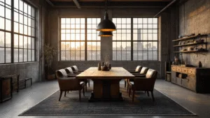 Industriële loft woonkamer met een massieve eiken eettafel als centraal punt, lederen stoelen, rauwe betonnen muren en industriële accenten, verlicht door een warme gouden uurlamp.