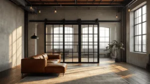 Een modern industrieel schuifdeur in een ruime loft woonkamer met natuurlijk licht, zwart stalen frame en geometrische glazen panelen, vintage cognac leren bank, ruwe betonwanden en warme houten vloeren, hoge plafonds met zichtbare balken en minimalistische hanglampen.