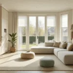 Photorealistic interior of a modern minimalist Dutch home featuring a baby-proofed living space with soft beige and mint colors, rounded furniture, secured cabinets, a wall-mounted TV, and a Persian rug, all illuminated by natural daylight through large child-safe blinds.