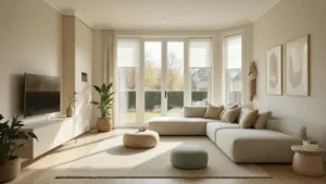 Photorealistic interior of a modern minimalist Dutch home featuring a baby-proofed living space with soft beige and mint colors, rounded furniture, secured cabinets, a wall-mounted TV, and a Persian rug, all illuminated by natural daylight through large child-safe blinds.