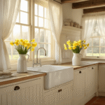 A hyperrealistic photograph of a rustic Dutch kitchen bathed in soft morning light, featuring cream shaker cabinets, a weathered oak countertop, and a vintage porcelain sink, with a bouquet of yellow daffodils in an antique milk jug on terracotta floor tiles, and copper pots hanging in the background.