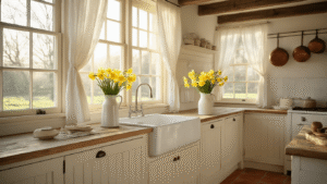 A hyperrealistic photograph of a rustic Dutch kitchen bathed in soft morning light, featuring cream shaker cabinets, a weathered oak countertop, and a vintage porcelain sink, with a bouquet of yellow daffodils in an antique milk jug on terracotta floor tiles, and copper pots hanging in the background.