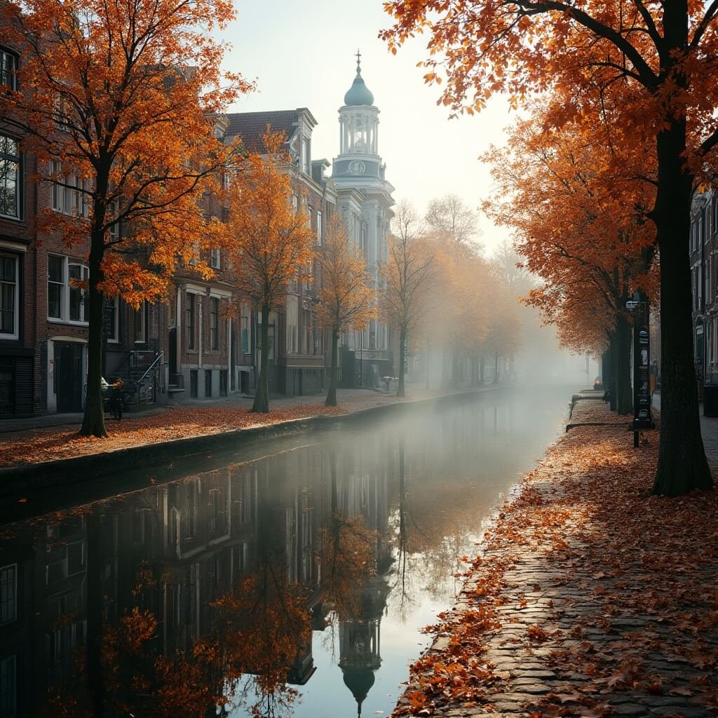 A serene autumn landscape in Leeuwarden, Netherlands, showcasing historic canal houses mirrored in calm water, surrounded by copper-colored trees, fallen leaves on cobblestone streets, and soft afternoon light with light fog rising from the canal.