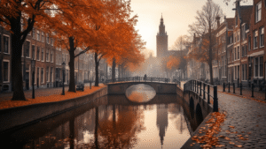A wide shot of Leeuwarden's historic city center in autumn, showcasing copper-colored foliage along iconic canals, old Dutch architecture reflecting in calm water, cobblestone streets scattered with fallen leaves, and the Oldehove tower in the background, all illuminated by soft, diffused golden hour light.