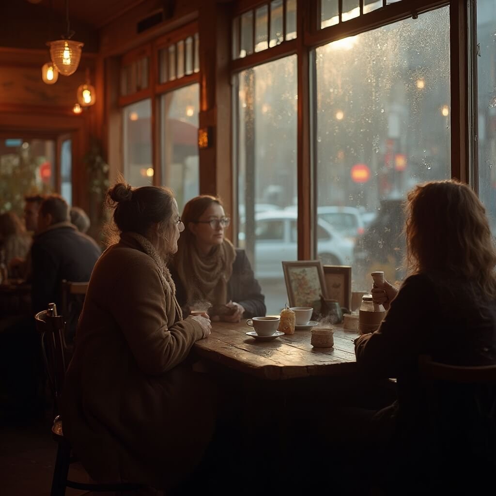 Gezellige indoor café in Leeuwarden met een warm houten interieur, zachte verlichting en mensen die bij grote ramen zitten terwijl de regen buiten valt, in een herfstachtige sfeer met gedempte kleuren van bruin en diep oranje, met een zachte focus op dampende koffiekoppen en ontspannen gesprekken.