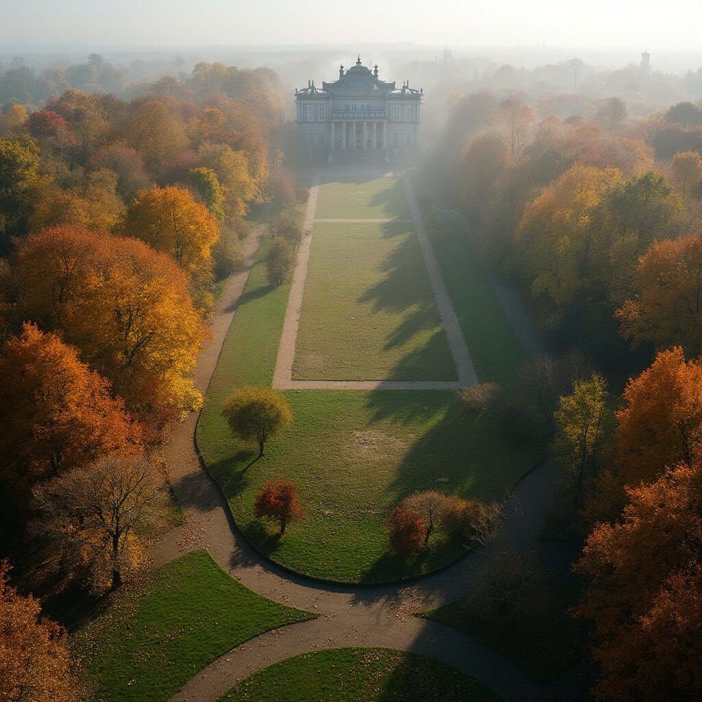 Aerial view of Prinsentuin park in Leeuwarden in fall, featuring manicured gardens and trees with vibrant autumn colors, historic architecture in the background, winding pathways covered in fallen leaves, and a misty morning atmosphere.