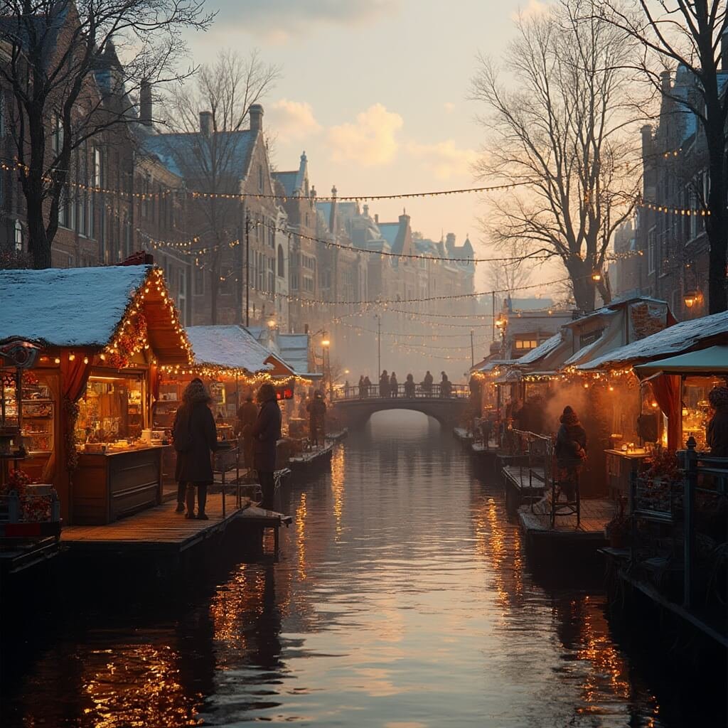 A picturesque floating Christmas market on Leiden's Nieuwe Rijn canal at golden hour, featuring traditional wooden stalls on floating platforms, interconnected by wooden bridges. Historic Dutch architecture is visible in the background, adorned with twinkling Christmas lights overhead. Vendors offer Dutch treats and steaming glühwein amidst a soft winter haze, creating an inviting and atmospheric scene.