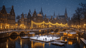 A picturesque nighttime scene of Leiden's historic canals in winter, showcasing snow-dusted 17th-century buildings reflected in the water, adorned with golden Christmas lights. A unique floating ice skating rink with skaters is in the foreground, surrounded by wooden market stalls. Frost-covered bridges and warm glowing windows enhance the cozy winter atmosphere, with subtle snowflakes falling in the evening air, highlighting the characteristic stepped gables of the Nieuwe Rijn area.