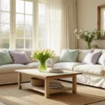 A serene Dutch living room bathed in morning sunlight, featuring sheer white linen curtains, a beige linen sofa adorned with pastel throw pillows, an oak coffee table with a crystal vase of tulips and narcissus, and light oak herringbone flooring, all captured in a photorealistic style with soft bokeh effects.