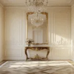 Een fotorealistisch breedshot van een elegante entreehal met een gouden uurlicht dat door hoge vensters stroomt, met crèmekleurige muren en delicate klassieke moldingen, een Venetiaanse spiegel met gouden accenten, een mahonietafel en marmeren vloeren die zacht licht reflecteren.