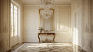 Een fotorealistisch breedshot van een elegante entreehal met een gouden uurlicht dat door hoge vensters stroomt, met crèmekleurige muren en delicate klassieke moldingen, een Venetiaanse spiegel met gouden accenten, een mahonietafel en marmeren vloeren die zacht licht reflecteren.