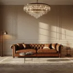 A warm and atmospheric Dutch living room at golden hour, featuring a cognac leather sofa, crystal chandelier, and natural light filtering through sheer curtains, casting shadows on a herringbone oak floor adorned with a vintage Persian rug.