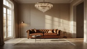 A warm and atmospheric Dutch living room at golden hour, featuring a cognac leather sofa, crystal chandelier, and natural light filtering through sheer curtains, casting shadows on a herringbone oak floor adorned with a vintage Persian rug.