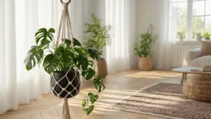 Fotorealistisch beeld van een Scandinavische woonkamer met een macramé plantenhanger van natuurlijke katoen, houten ringen en een matte zwarte keramische pot met een Cascaderende Monsteraplant, verlicht door ochtendzonlicht dat door sheer witte gordijnen valt, op een vintage houten visgraatvloer met een Perzisch tapijt in gedempte kleuren.