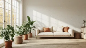 A minimalist Scandinavian living room featuring white plastered walls, a beige linen corner sofa, terracotta planters with monstera and fiddle leaf fig, solid oak herringbone flooring, and organized storage solutions with labeled linen boxes and rattan baskets, all illuminated by natural daylight through floor-to-ceiling windows.
