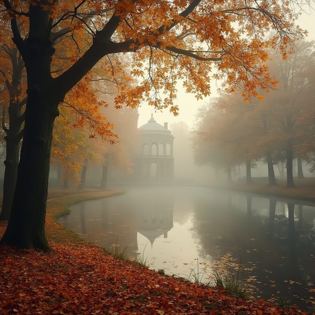 A misty autumn morning in Noorderplantsoen park, Groningen, featuring golden and orange leaves on the ground, tall mature trees, and soft light filtering through fog. Rich fall colors reflect in a small pond, with historic park architecture in the background, captured in ultra-detailed, photorealistic style.