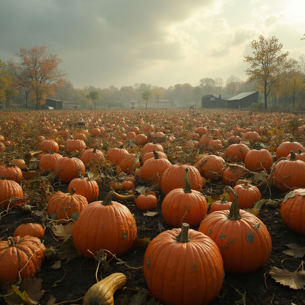 A vibrant pumpkin patch featuring diverse pumpkin varieties in orange, yellow, and green, set against rich dark soil with morning dew on leaves. Twisting vines stretch across the scene under a dramatic cloudy autumn sky, with a distant farmhouse and nearby wheelbarrows and harvest baskets, all depicted in a photorealistic style with cinematic lighting typical of a Dutch agricultural landscape.