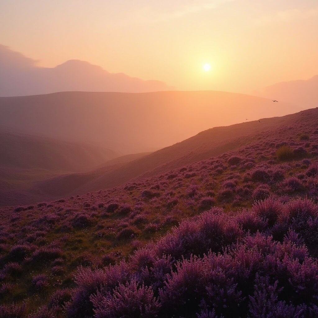 Ultra-wide panoramic view of rolling hills at dawn, blanketed in vibrant purple heather, with golden sunlight breaking through mist, creating long shadows and showcasing dewdrops on vegetation in a soft orange and purple color palette.