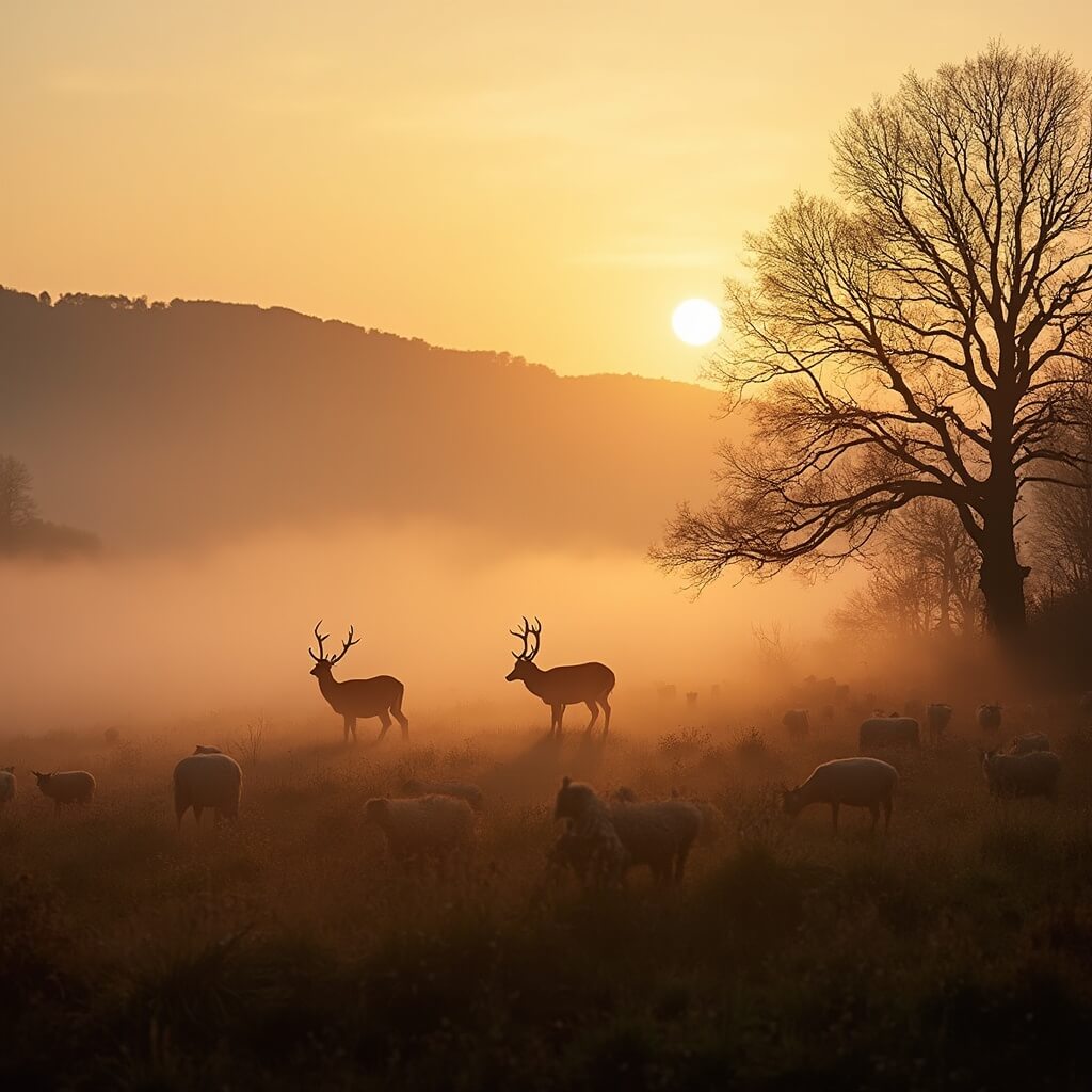 Silhouettes of red deer emerge from morning mist against rolling hills, with low-lying fog in valleys and golden hour light filtering through bare autumn trees; scattered sheep graze on dewy heathland, creating a serene and atmospheric wildlife scene at sunrise.