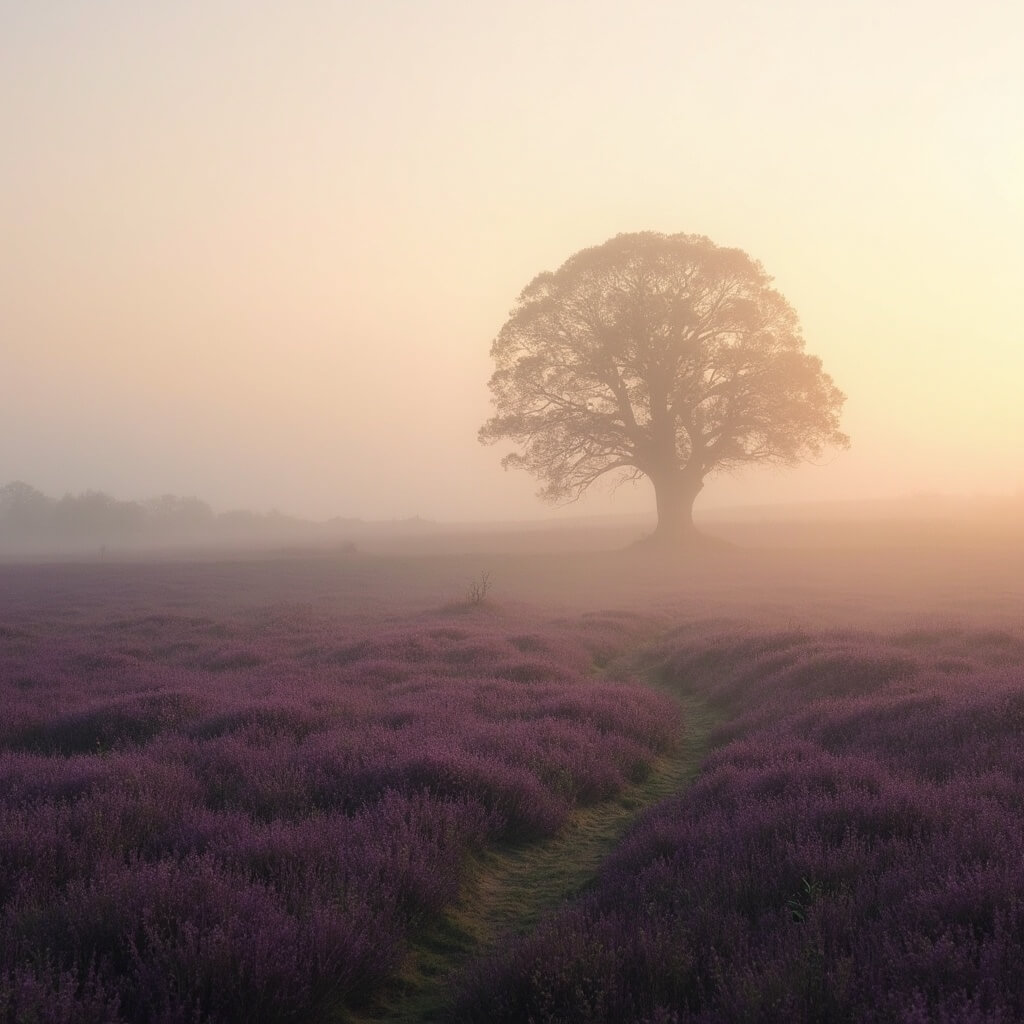 Mistige vroege ochtendlandschap van Posbank heidevelden, zachte gouden lichtstralen door de mist, golvende paarse heidevelden, oude met mos bedekte eik in de verte, zachte pastelkleuren, sfeervol natuurlijk tafereel, geen mensen zichtbaar, zacht glooiend terrein, Nederlandse landschap fotografie stijl.