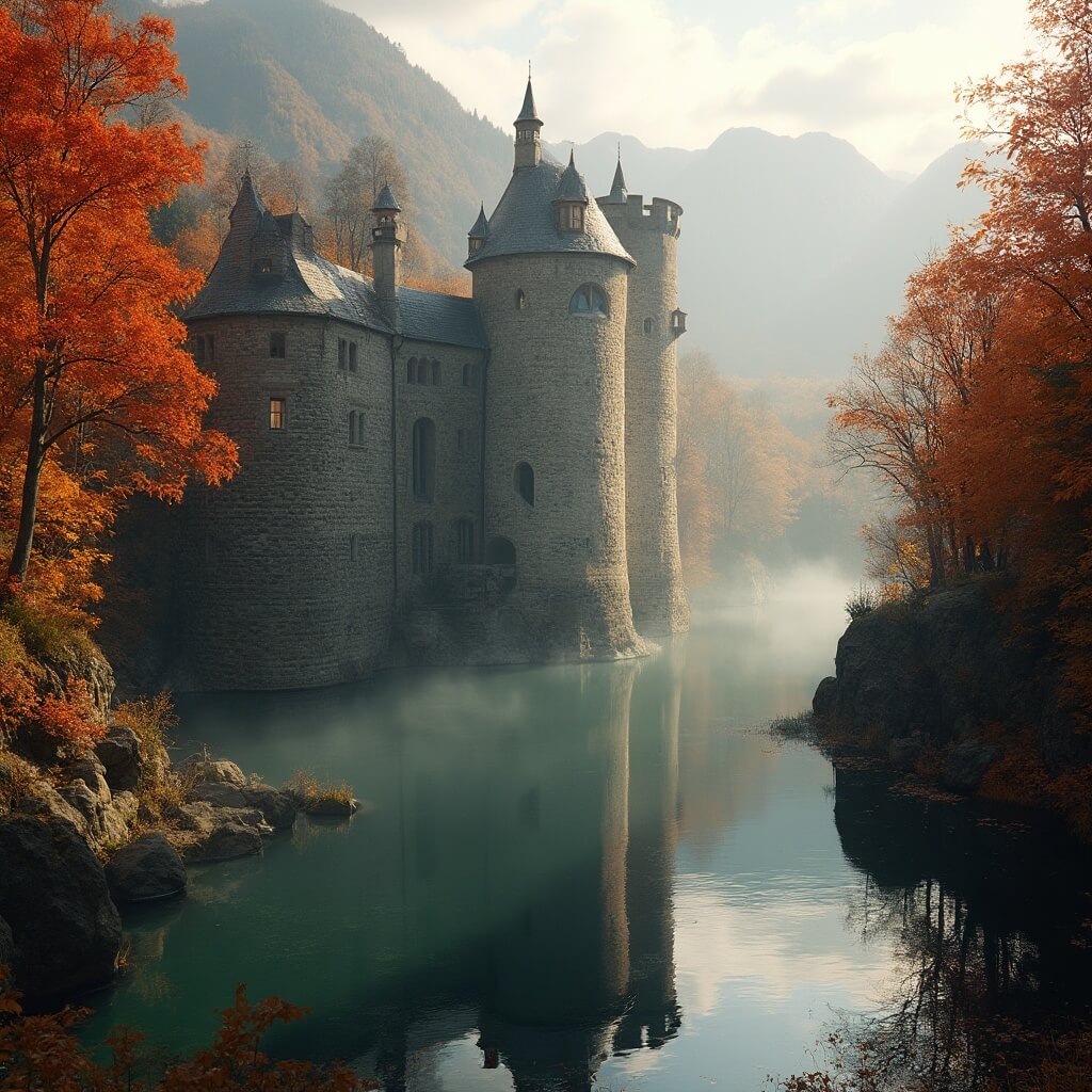 A panoramic view of a medieval water castle surrounded by an autumn forest, featuring stone walls and turrets reflected in a calm moat. Vibrant fall foliage in deep red, orange, and gold adorns the trees, while morning mist creates a mystical atmosphere during golden hour.
