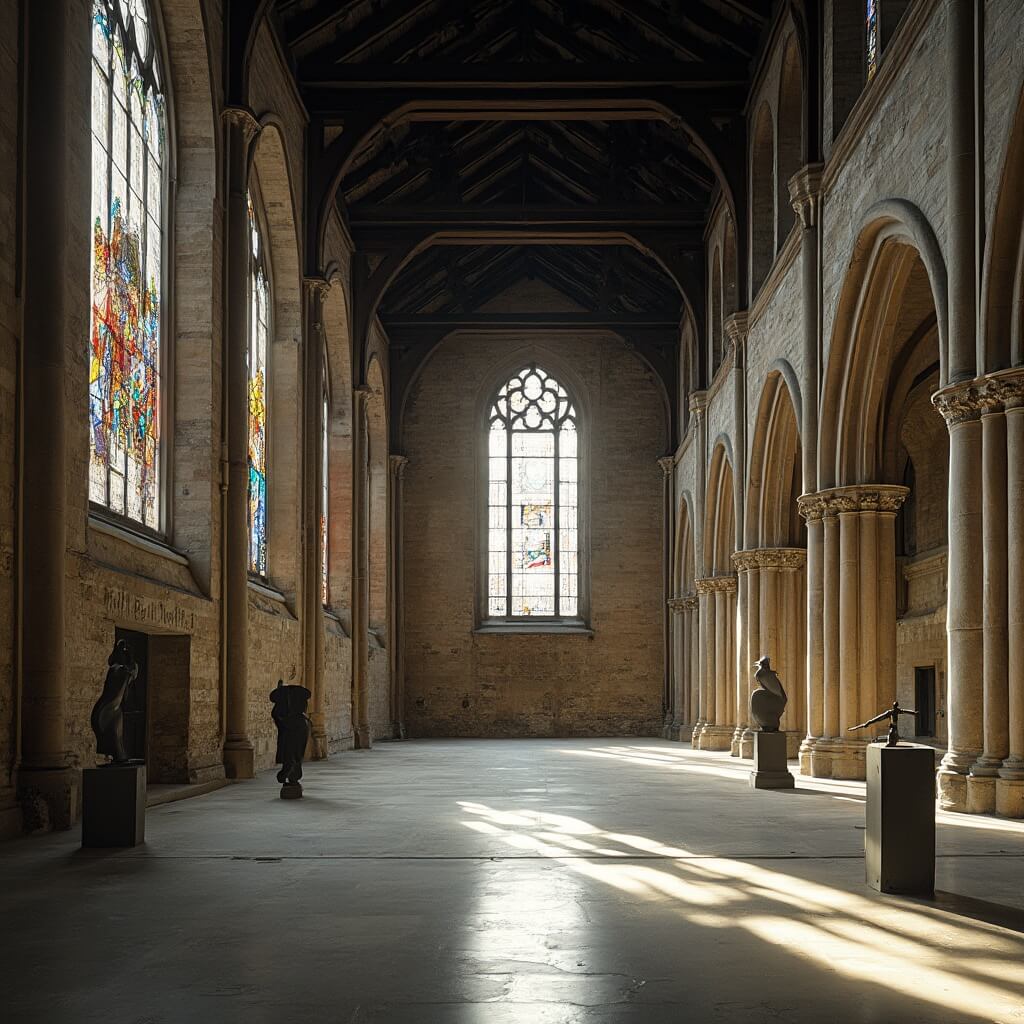 Interior of the historic Ruïnekerk in Bergen featuring high vaulted ceilings, stained glass windows, and contemporary art installations, with dramatic shadows cast by stone pillars and arches, and subtle spotlights accentuating the artworks in a blend of modern and traditional elements.