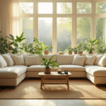 A modern Dutch living room bathed in morning light, featuring a cream-colored L-shaped sofa, lush green indoor plants, a jute rug, and bamboo side tables, with a plant moisture meter on the coffee table, all showcased in a hygge atmosphere with cinematic lighting and warm color grading.