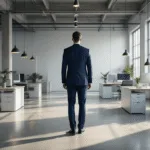 Cinematische brede opname van een moderne industriële kantoorruimte met een professionele man in een navy pak, verlicht door gouden ochtendlicht dat door vloerlange ramen stroomt, met betonvloeren, stalen balken en minimalistische meubels.