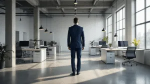 Cinematische brede opname van een moderne industriële kantoorruimte met een professionele man in een navy pak, verlicht door gouden ochtendlicht dat door vloerlange ramen stroomt, met betonvloeren, stalen balken en minimalistische meubels.