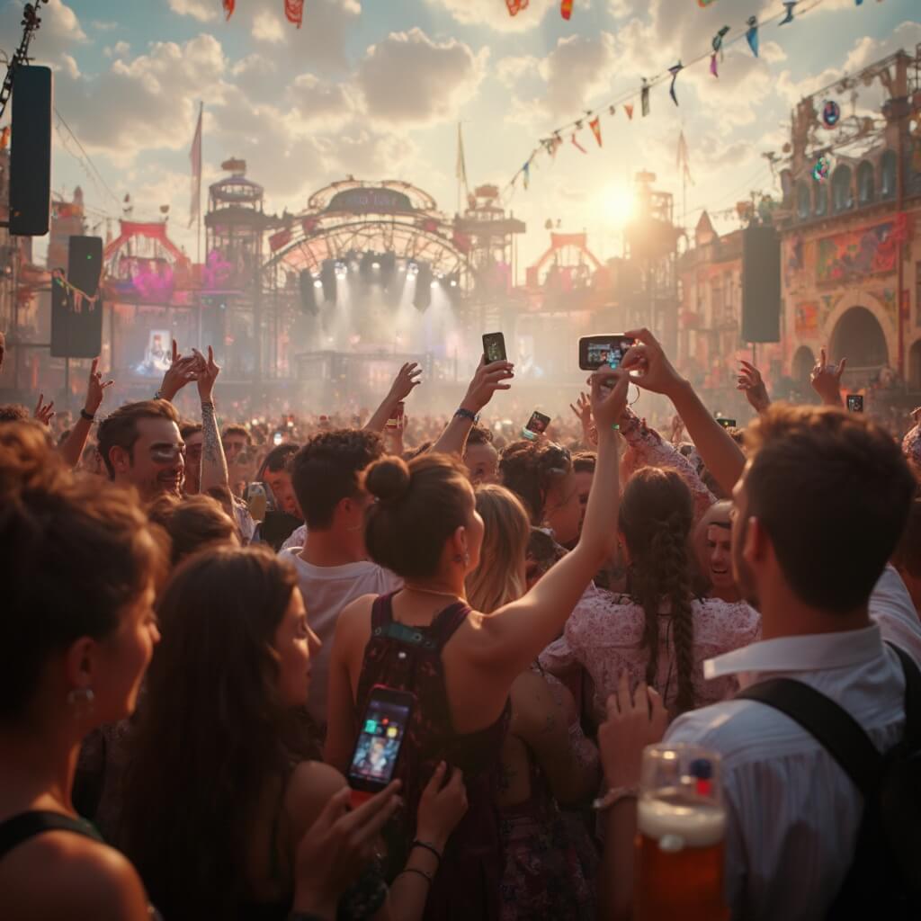 Oktoberfest Amersfoort: Waar Bier, Muziek en Gezelligheid Samenkomen! Cinematische afbeelding van een levendig Oktoberfest-moment, met jonge mensen in traditionele Beierse kleding die selfies nemen, influencers die content maken, dynamische interacties met het publiek, achtergrondoptredens op het podium, kleurrijke feestelijke omgeving en subtiele integratie van smartphoneschermen en hashtag-projecties.