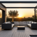 Fotorealistische weergave van een moderne minimalistische overdekte patio bij zonsondergang, met een strak antracietgrijs modulaire loungesofa, zwarte aluminium frame, lichte bamboe decking, industriële zwarte metal side tables, hedendaagse geometrische hanglampen, rijpe olijfbomen in grote antracietkleurige potten en warm LED accentverlichting die dramatische schaduwen creëert. Het shot is genomen vanuit een laag perspectief met zachte gouden zonlicht dat door glaspanelen filtert, en benadrukt de architecturale symmetrie en de indoor-outdoor flow.
