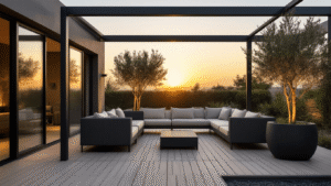 Fotorealistische weergave van een moderne minimalistische overdekte patio bij zonsondergang, met een strak antracietgrijs modulaire loungesofa, zwarte aluminium frame, lichte bamboe decking, industriële zwarte metal side tables, hedendaagse geometrische hanglampen, rijpe olijfbomen in grote antracietkleurige potten en warm LED accentverlichting die dramatische schaduwen creëert. Het shot is genomen vanuit een laag perspectief met zachte gouden zonlicht dat door glaspanelen filtert, en benadrukt de architecturale symmetrie en de indoor-outdoor flow.
