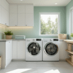 Een moderne en functionele wasruimte met hoogglans witte kasten en een mintgroene accentmuur, voorzien van een verhoogde wasmachine en droger in maatwerkmeubilair. De ruimte heeft een lichtgrijze werkblad, een natuurlijk eiken plank met rieten manden en glazen opbergpotten, en verticaal opslagoplossingen. Verlichting met LED-spots en een terrazzo-vloer in koele grijstinten geven het geheel een minimalistische Scandinavische uitstraling met strakke lijnen en ergonomisch ontwerp.