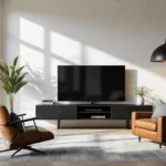 Fotorealistische afbeelding van een moderne woonkamer met een zwart stalen en eikenhouten TV-meubel, verlicht door ochtendlicht door grote ramen. Een vintage cognac leren fauteuil met geometrische kussens staat in de buurt, verlicht door een grote industriële hanglamp. Minimalistische decoratie met zwarte vazen en een hangende monstera plant.