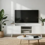 Modern Dutch living room featuring a minimalist white TV console, soft natural daylight through linen curtains, a monstera plant, and designer floor lamp, all styled with a jute rug and curated coffee table books in a warm grey and white palette.