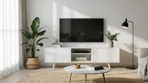 Modern Dutch living room featuring a minimalist white TV console, soft natural daylight through linen curtains, a monstera plant, and designer floor lamp, all styled with a jute rug and curated coffee table books in a warm grey and white palette.