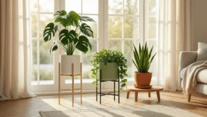 Cinematische brede opname van een Scandinavische woonkamer met een collectie van drie designer plantenstands in het gouden uur, waaronder een hoge messing stand met een Monstera, een middelhoog zwart staal stand met een Pothos en een lage houten stand met een Snake Plant, tegen een achtergrond van eikenhouten visgraatvloer en zachte linnen gordijnen, met een hyperrealistische 8K detail en een moderne minimalistische esthetiek.
