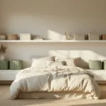 Photorealistisch, minimalistische Scandinavische slaapkamer met hoge plafonds, zacht ochtendlicht door grote ramen, zwevende witte planken, beige linnen opbergdozen, saliegroene gevlochten manden, crèmekleurig bed met textuur linnen beddengoed, matte witte muren, licht eiken houten vloer, georganiseerde opbergoplossingen, hypergedetailleerde texturen en volumetrisch licht.
