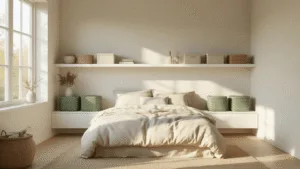 Photorealistisch, minimalistische Scandinavische slaapkamer met hoge plafonds, zacht ochtendlicht door grote ramen, zwevende witte planken, beige linnen opbergdozen, saliegroene gevlochten manden, crèmekleurig bed met textuur linnen beddengoed, matte witte muren, licht eiken houten vloer, georganiseerde opbergoplossingen, hypergedetailleerde texturen en volumetrisch licht.