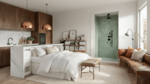 Cinematische interieurfoto van een lichtgevend Scandinavisch huis met georganiseerde leefruimtes, modern marmeren keukeneiland met koperen hanglampen, bed opgemaakt met frisse witte lakens en textuurrijke kussens, walnoothome-office met gelabeld archiefsysteem, hexagonale sage badkamertegels met matte zwarte armaturen, vintage leren leeshoek met industriële verlichting, warme aardetinten en natuurlijke texturen, minimalistische styling en praktische opbergoplossingen.