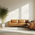 Moderne Scandinavische woonkamer met vloerverdiepen ramen, Fargesia bamboe in betonnen pot, ochtendzon, crèmekleurige muren, cognackleurige leren bank, lichte eikenhouten vloeren, minimalistisch ontwerp met natuurlijke texturen.