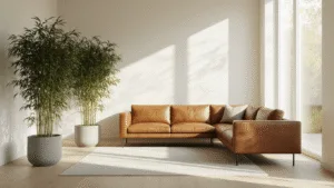 Moderne Scandinavische woonkamer met vloerverdiepen ramen, Fargesia bamboe in betonnen pot, ochtendzon, crèmekleurige muren, cognackleurige leren bank, lichte eikenhouten vloeren, minimalistisch ontwerp met natuurlijke texturen.