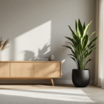 Moderne Scandinavische woonkamer met grote Sansevieria in een matte zwarte pot, natuurlijk eikenhouten dressoir, zacht diffuus daglicht door vloertoegankelijke ramen, lichte grijzige muren, minimalistische decoratie en textuurvlakken in linnen gordijnen.