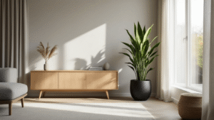 Moderne Scandinavische woonkamer met grote Sansevieria in een matte zwarte pot, natuurlijk eikenhouten dressoir, zacht diffuus daglicht door vloertoegankelijke ramen, lichte grijzige muren, minimalistische decoratie en textuurvlakken in linnen gordijnen.